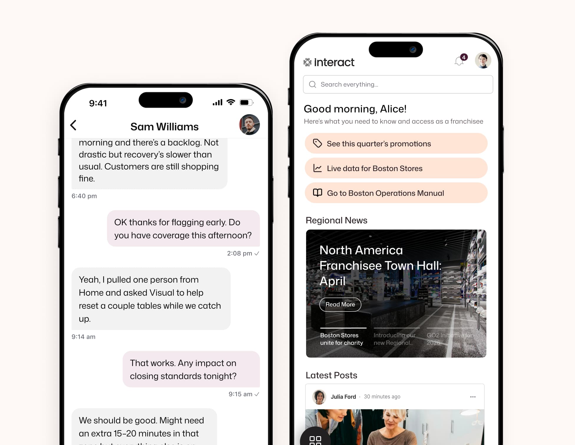 Two smartphones side by side: a Sam Williams manager chat on the left, and Alice's Interact franchisee home screen with Boston Store quick-access shortcuts on the right.