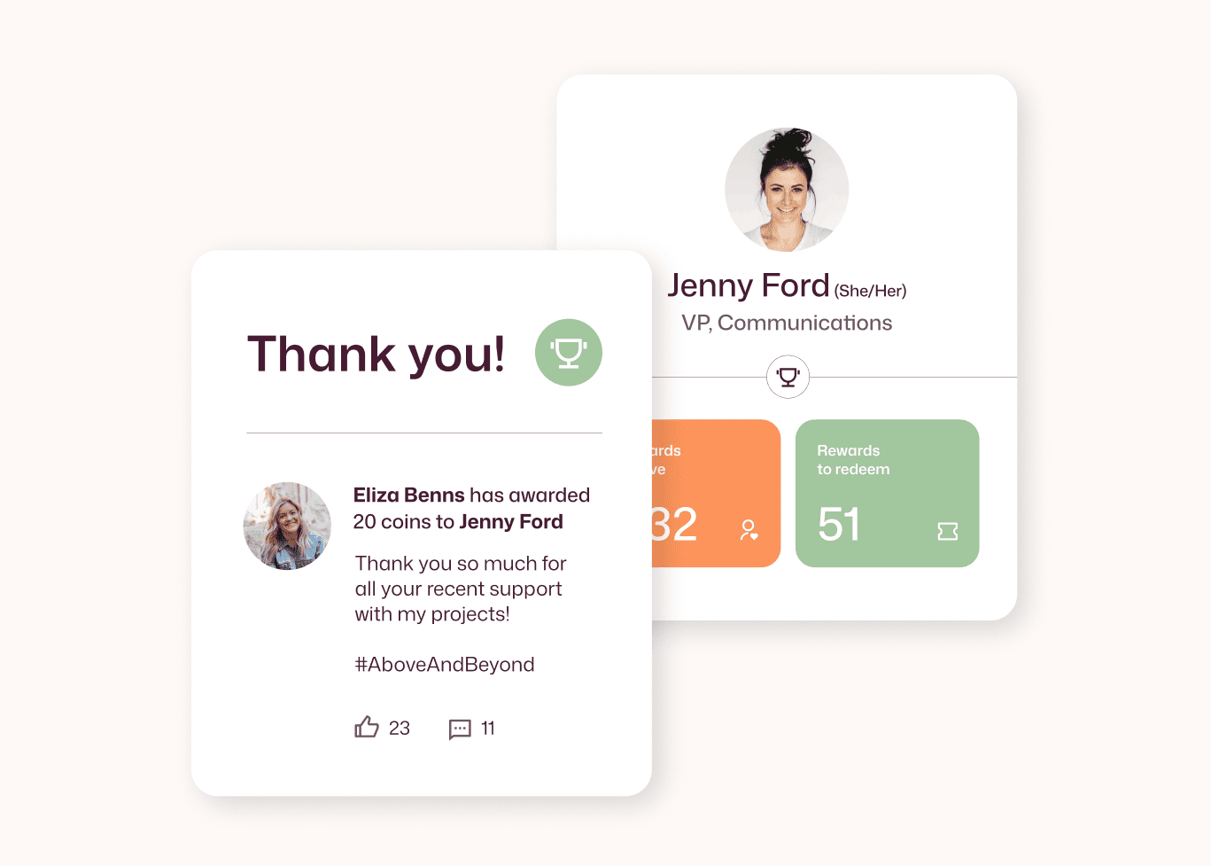 Eliza Benns awards 20 coins to Jenny Ford tagged #AboveAndBeyond with 23 likes, alongside Jenny Ford's profile showing 32 rewards earned and 51 to redeem.