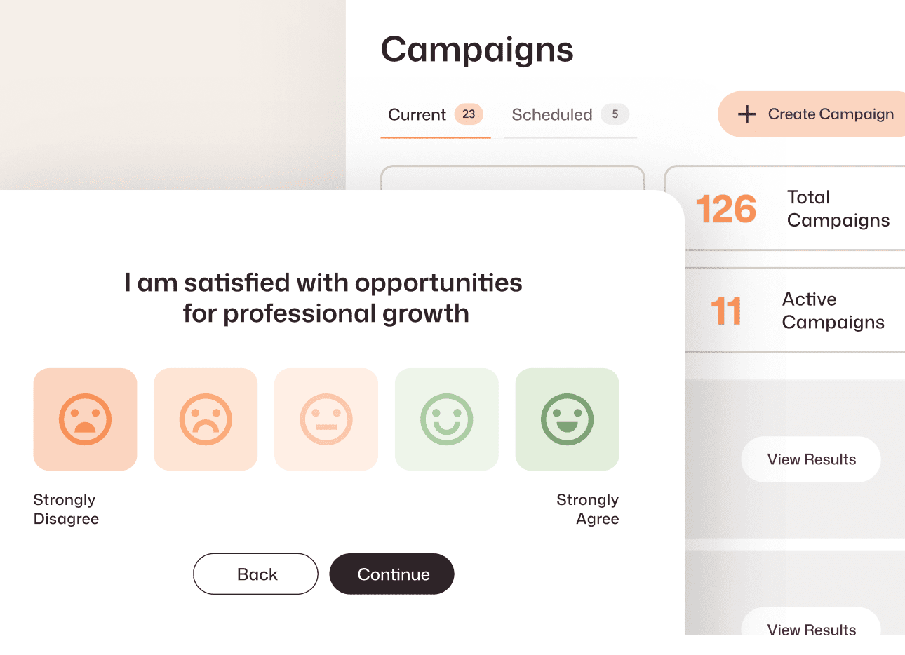 Employee engagement survey with a five-emoji satisfaction scale beside a Campaigns dashboard showing 126 total campaigns and 11 currently active.