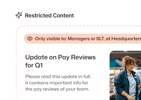 GIF of Interact AI features: Interact Restricted Content panel limiting a Q1 pay review article to Managers and SLT, Insights agent with recognition highlights, and AI search assistant