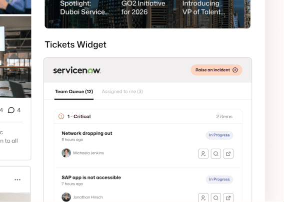 Interact intranet embedding a ServiceNow Tickets Widget with 12 queued items, including 2 critical tickets for network outages and SAP access in progress.