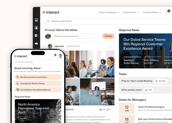 Interact desktop intranet showing Lucy's personalized news feed, Workday and UKG tasks, manager dates, and Alice's franchisee mobile home with Boston store quick links.