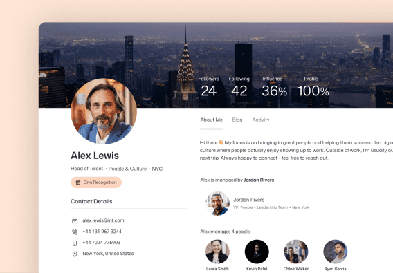 Interact profile for Alex Lewis, Head of Talent in NYC, showing 100% completion, manager Jordan Rivers, and four direct reports including Laura Smith and Kevin Patel.