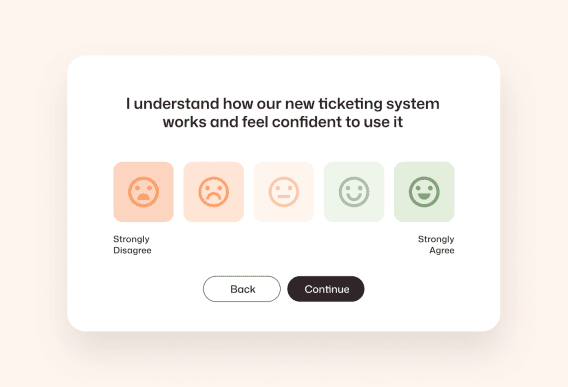Interact pulse survey asking employees to rate their confidence using a new ticketing system, with a 5-point emoji scale from Strongly Disagree to Strongly Agree.