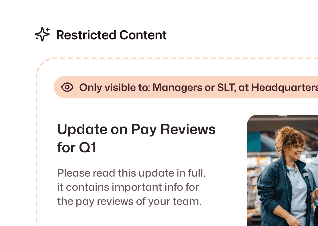 GIF of Interact AI features: Interact Restricted Content panel limiting a Q1 pay review article to Managers and SLT, Insights agent with recognition highlights, and AI search assistant