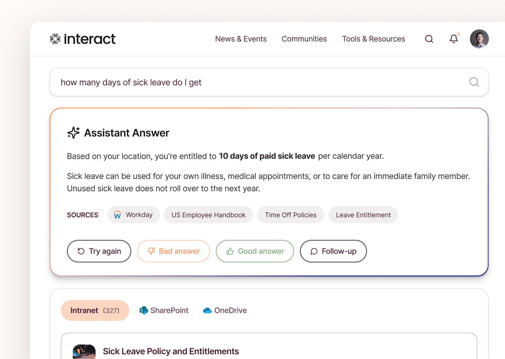 Employee self service software Interact: AI Assistant answers a sick leave query with 10 paid days per year, citing Workday, the US Employee Handbook, and Time Off Policies.