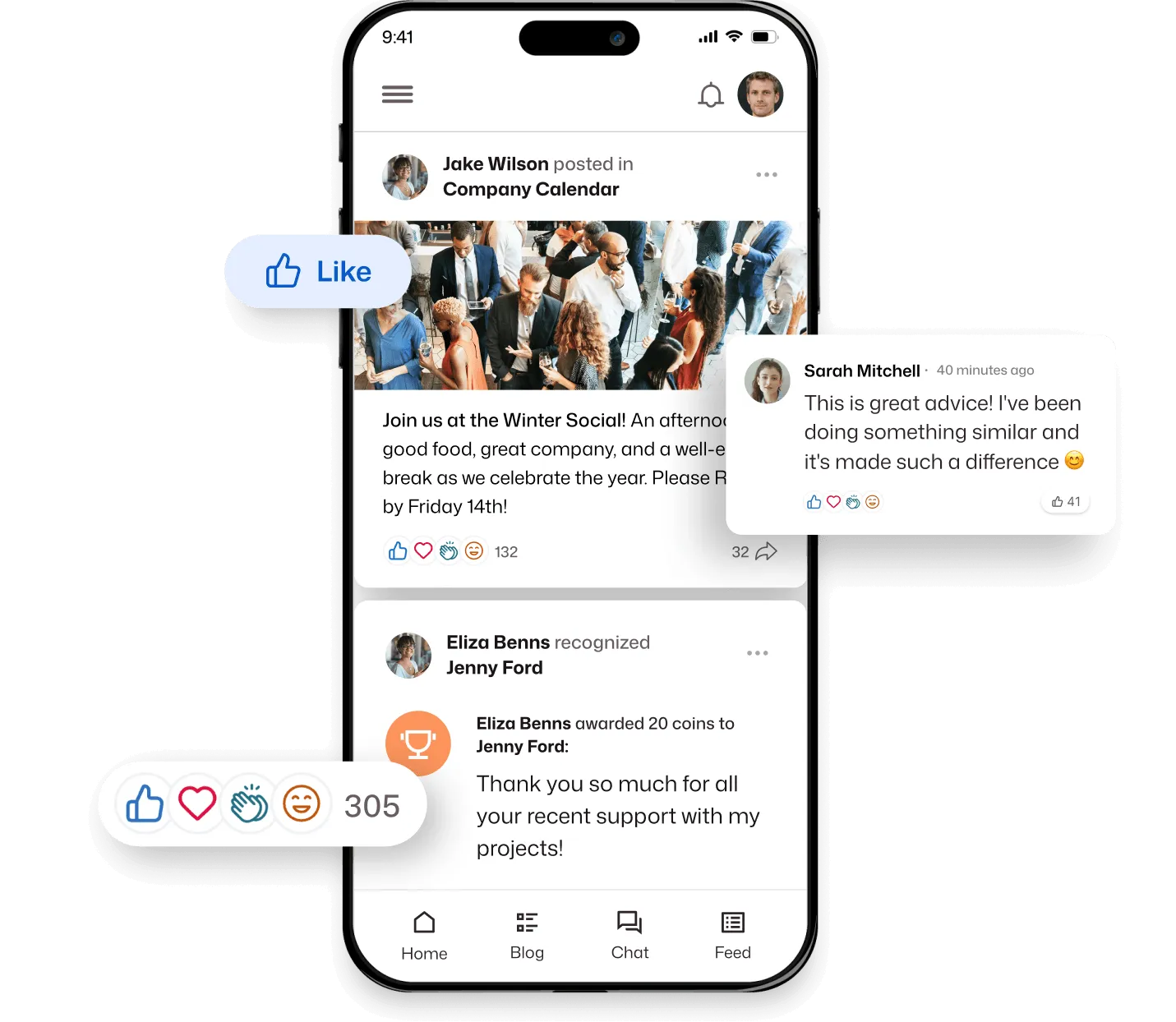 Mobile social feed with Jake Wilson's Winter Social post earning 132 reactions and Eliza Benns recognizing Jenny Ford with 20 coins and 305 total reactions.