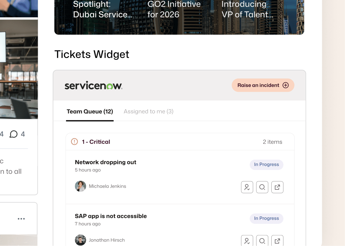 Interact intranet embedding a ServiceNow Tickets Widget with 12 queued items, including 2 critical tickets for network outages and SAP access in progress.