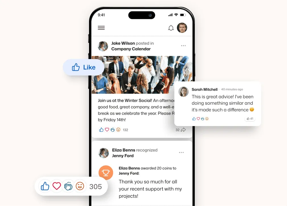Interact mobile social feed showing a Winter Social event post by Jake Wilson and Eliza Benns recognizing Jenny Ford, with 305 reactions.