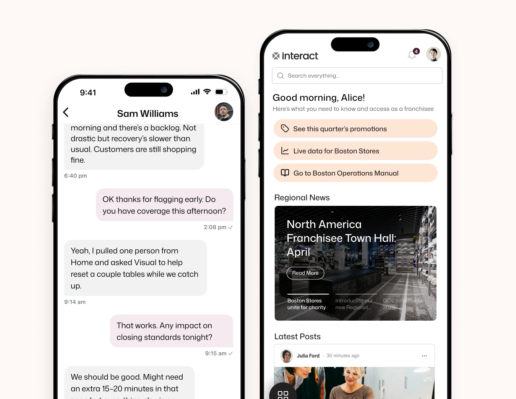 Two smartphones side by side: a Sam Williams manager chat on the left, and Alice's Interact franchisee home screen with Boston Store quick-access shortcuts on the right.