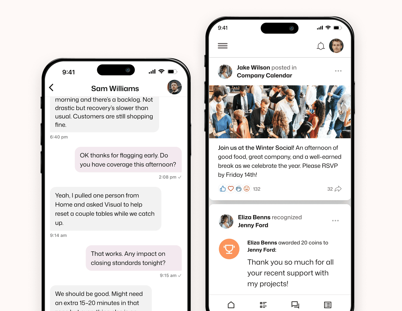Two Interact mobile screens: a store staffing chat and a social feed showing a Winter Social post with 132 reactions and Eliza Benns recognizing Jenny Ford with 20 coins.