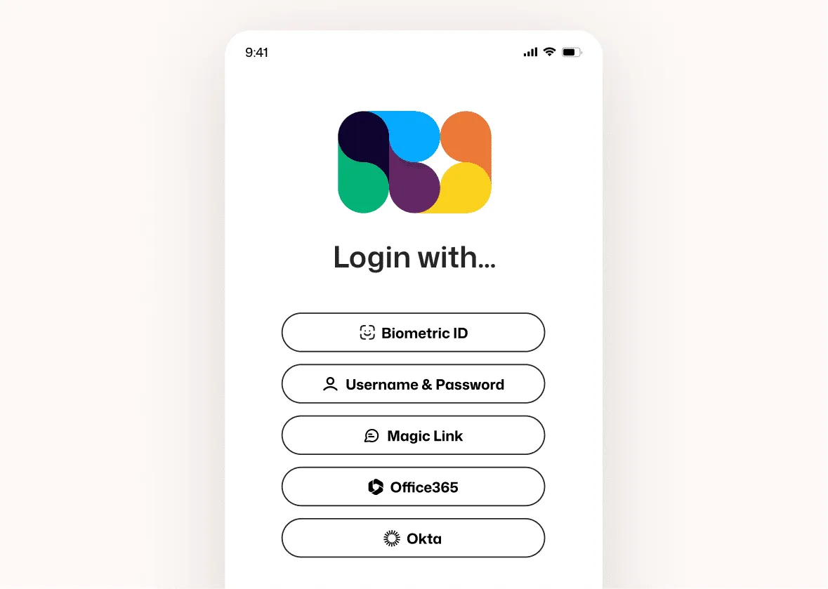 Interact mobile login screen offering five authentication options: Biometric ID, Username and Password, Magic Link, Office 365, and Okta.