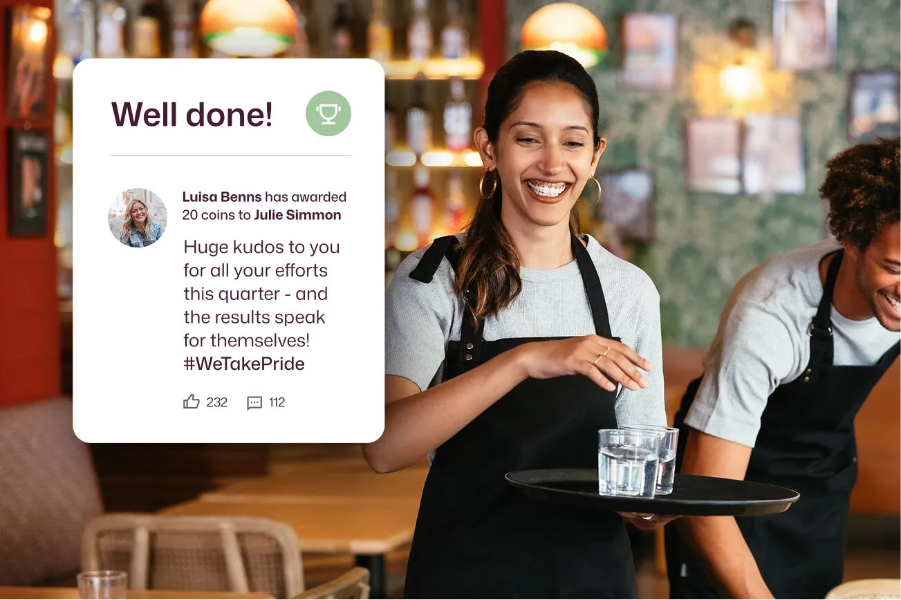 Recognition central to building a positive workplace culture: Luisa Benns awards Julie Simmon 20 coins tagged #WeTakePride, earning 232 likes and 112 comments.