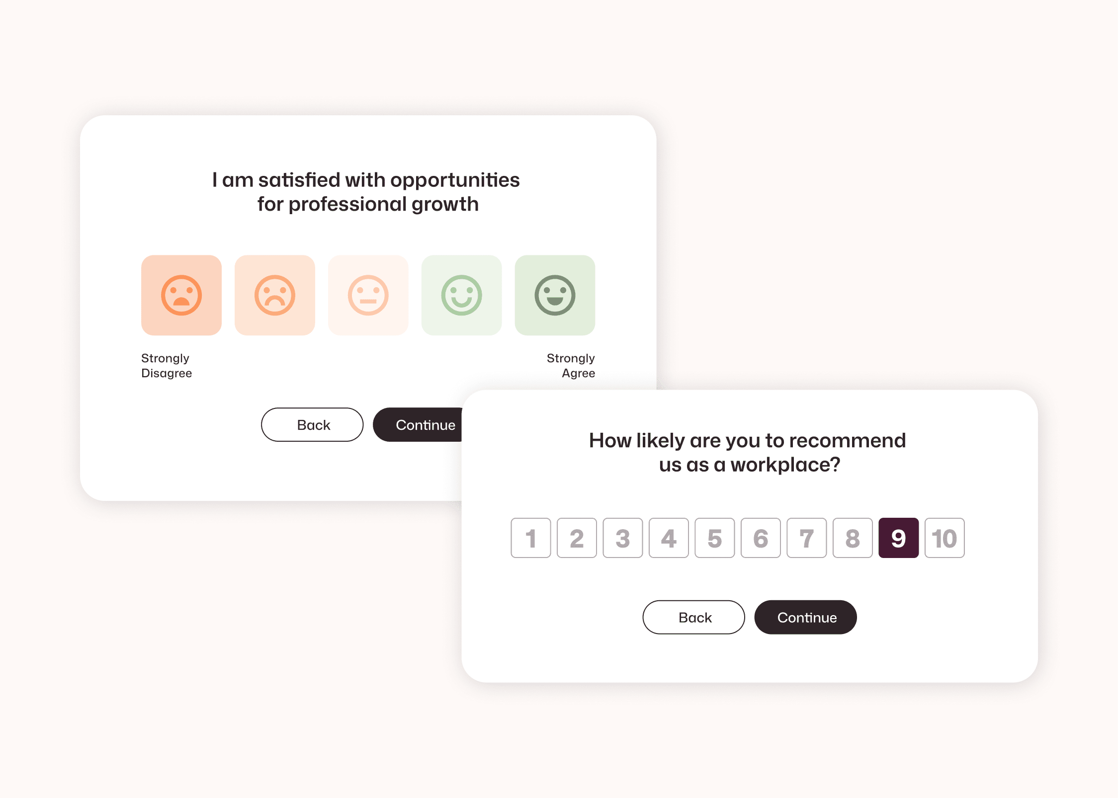 Two Interact pulse survey screens: an emoji scale rating professional growth opportunities and an NPS question with 9 selected out of 10.