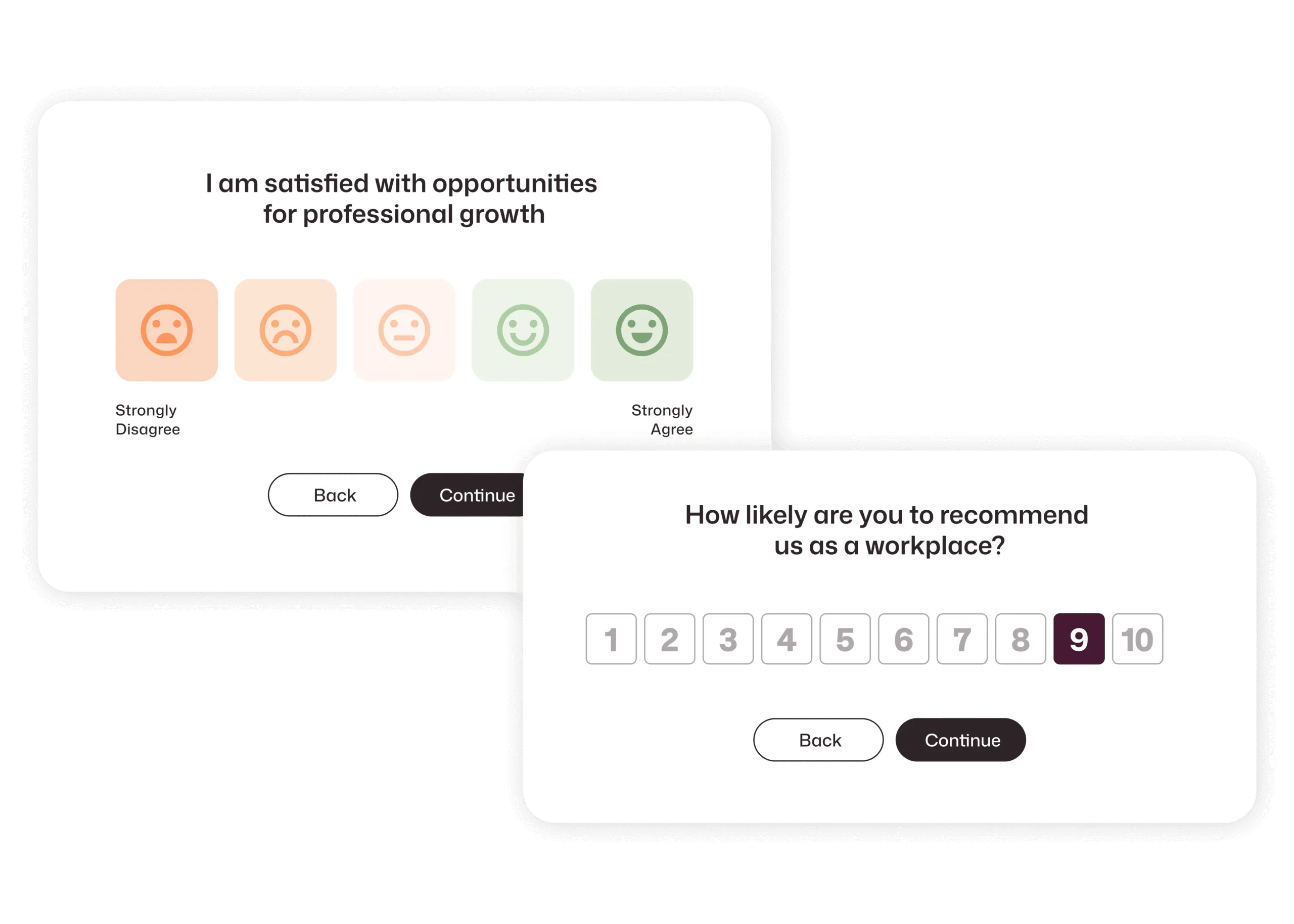 Two pulse survey question formats: a five-point emoji Likert scale on professional growth satisfaction and a 1–10 NPS scale with 9 selected.