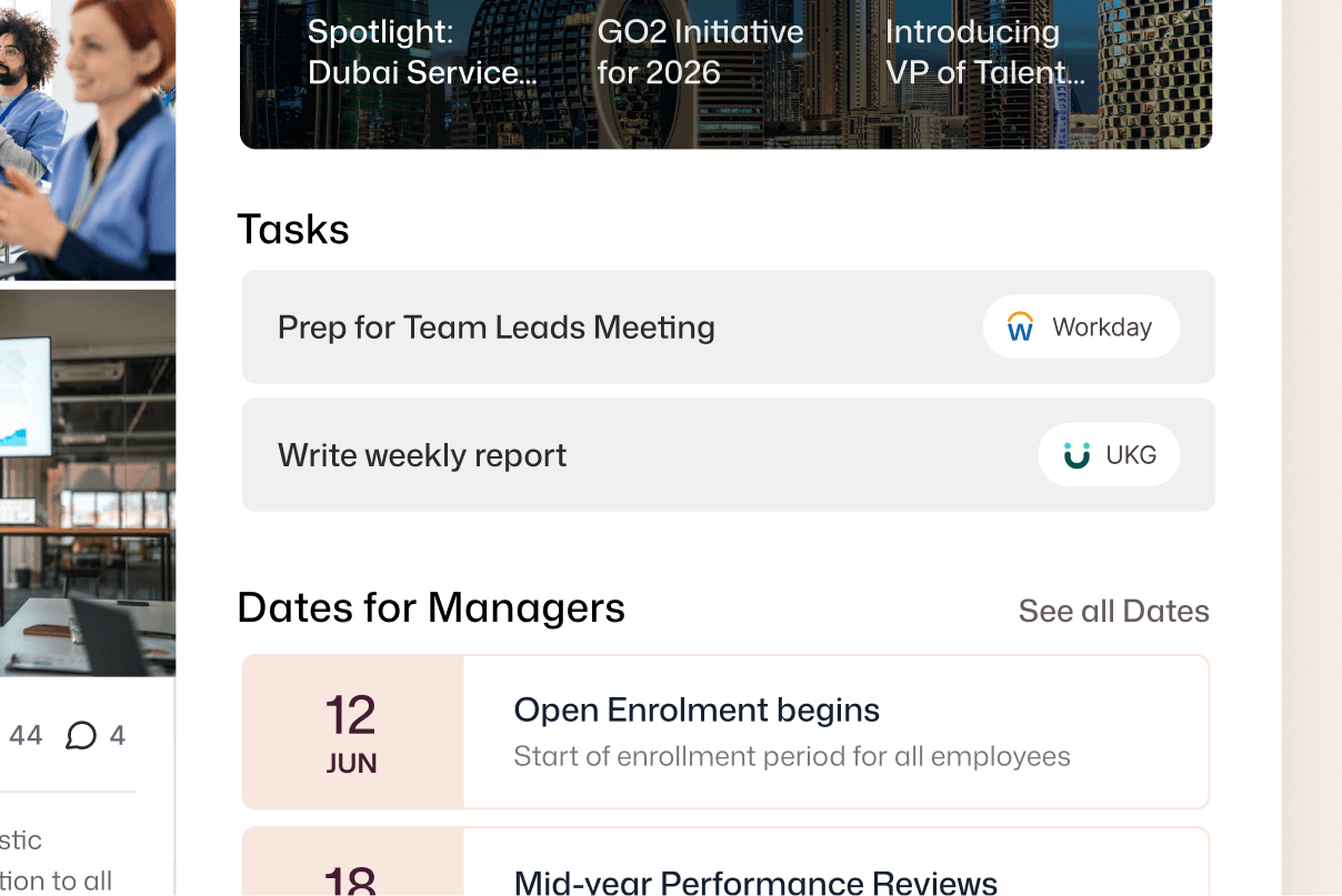 Interact dashboard showing Workday and UKG tasks with manager dates for Open Enrollment June 12 and Mid-year Reviews June 18.