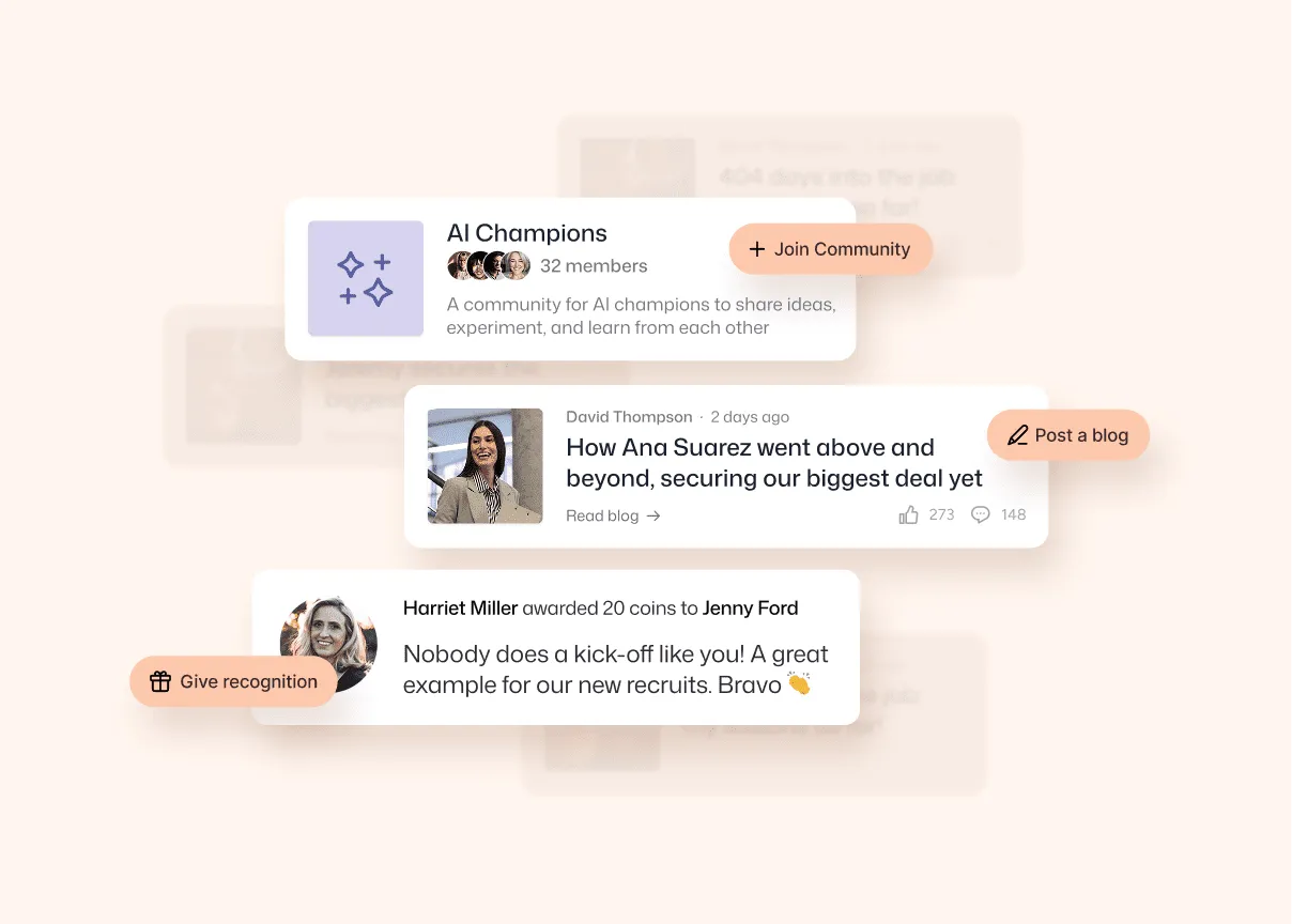 Interact social feed showing an AI Champions community with 32 members, a blog praising Ana Suarez with 273 likes, and Harriet Miller recognizing Jenny Ford with 20 coins.