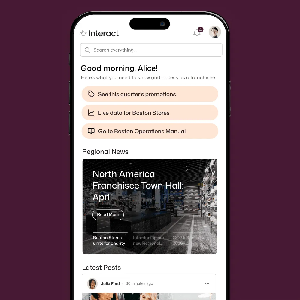 Interact franchisee mobile home for Alice with quick links to quarterly promotions, live Boston Stores data, the Operations Manual, and a North America Franchisee Town Hall news story.