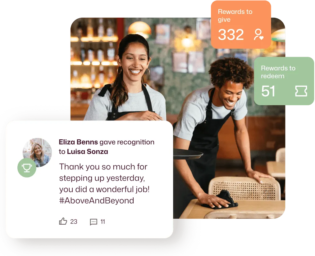 Employee recognition software dashboard showing two restaurant workers smiling, with UI overlays displaying 332 rewards available to give and 51 to redeem, alongside a recognition post from Eliza Benns to Luisa Sonza tagged #AboveAndBeyond with 23 likes and 11 comments.
