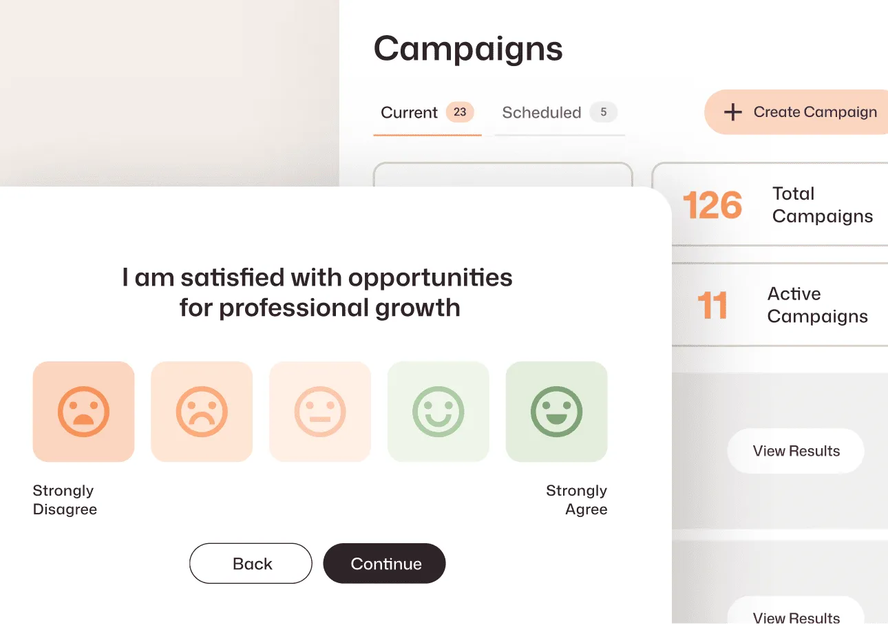 Employee engagement survey with a five-emoji satisfaction scale beside a Campaigns dashboard showing 126 total campaigns and 11 currently active.