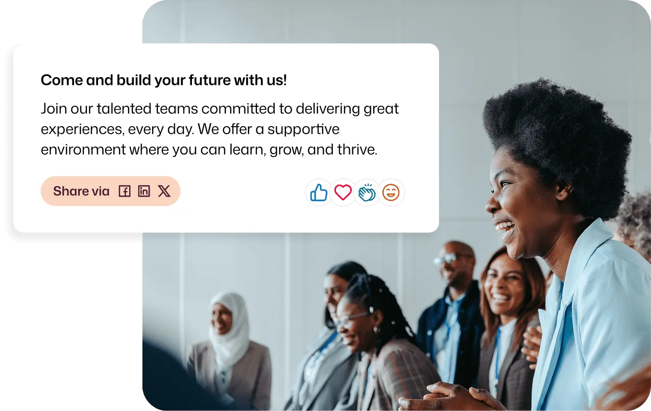 Employee advocacy software showing a shareable recruitment post with Facebook, LinkedIn, and X sharing options amid a smiling diverse team.