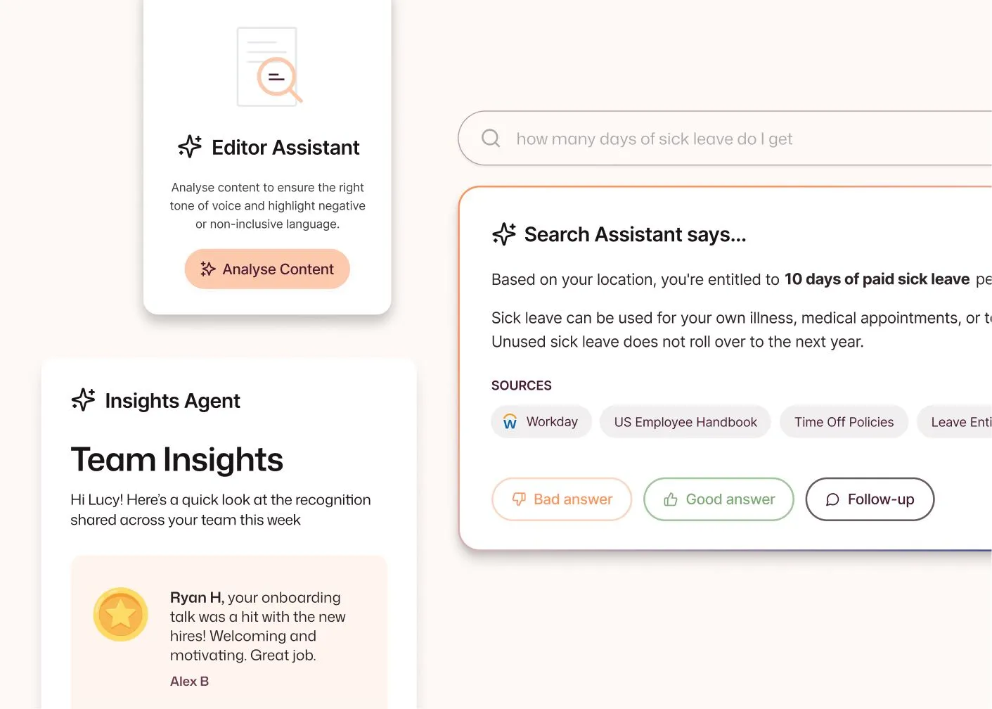 Interact AI tools: an Editor Assistant for tone and inclusion checks, a Search Assistant citing 10 paid sick days from Workday and the US Employee Handbook, and a team Insights Agent.