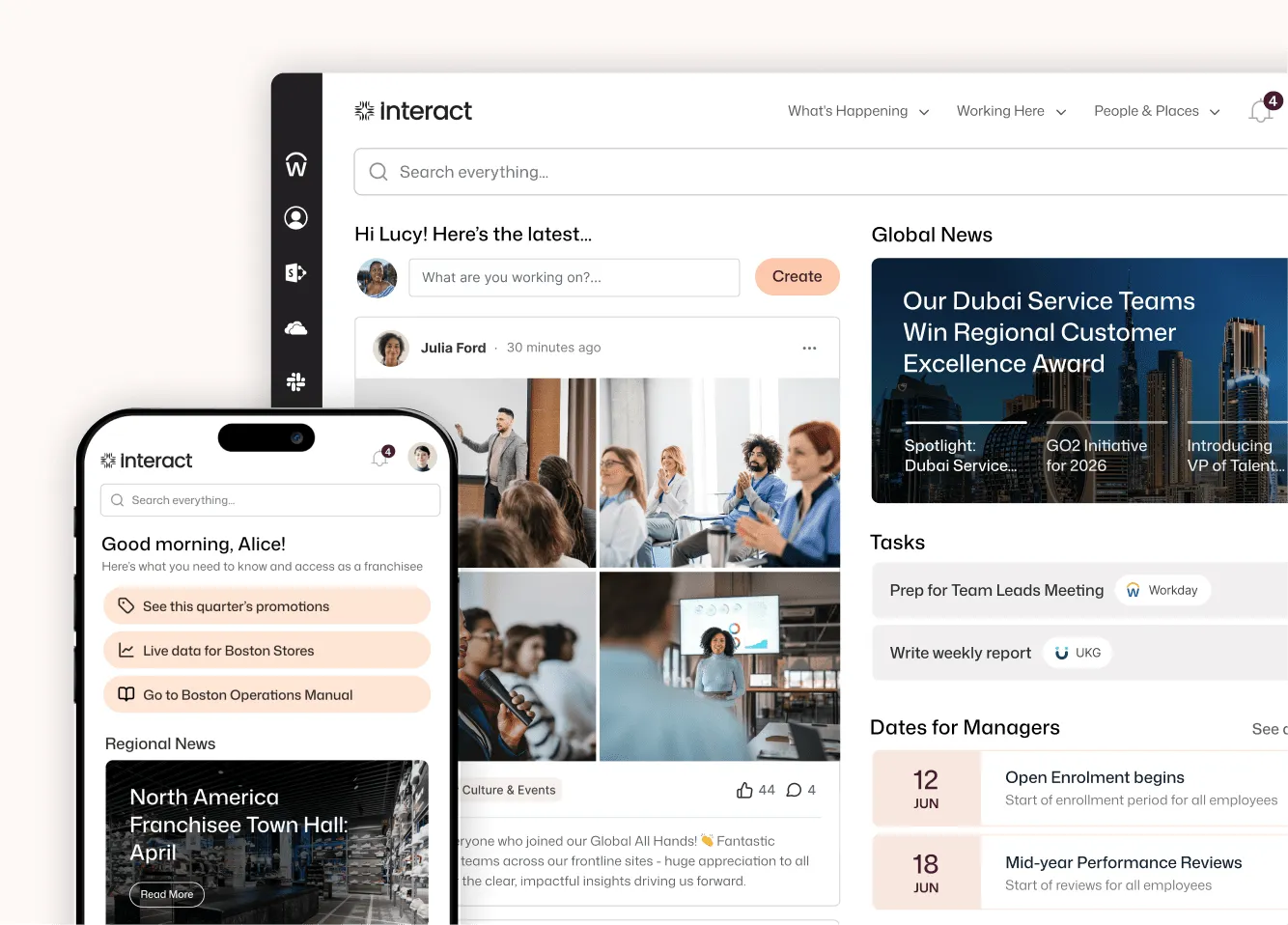 Interact employee communication platform showing Lucy's personalized news feed, integrated Workday and UKG tasks, and Alice's franchisee mobile home with Boston store quick links.