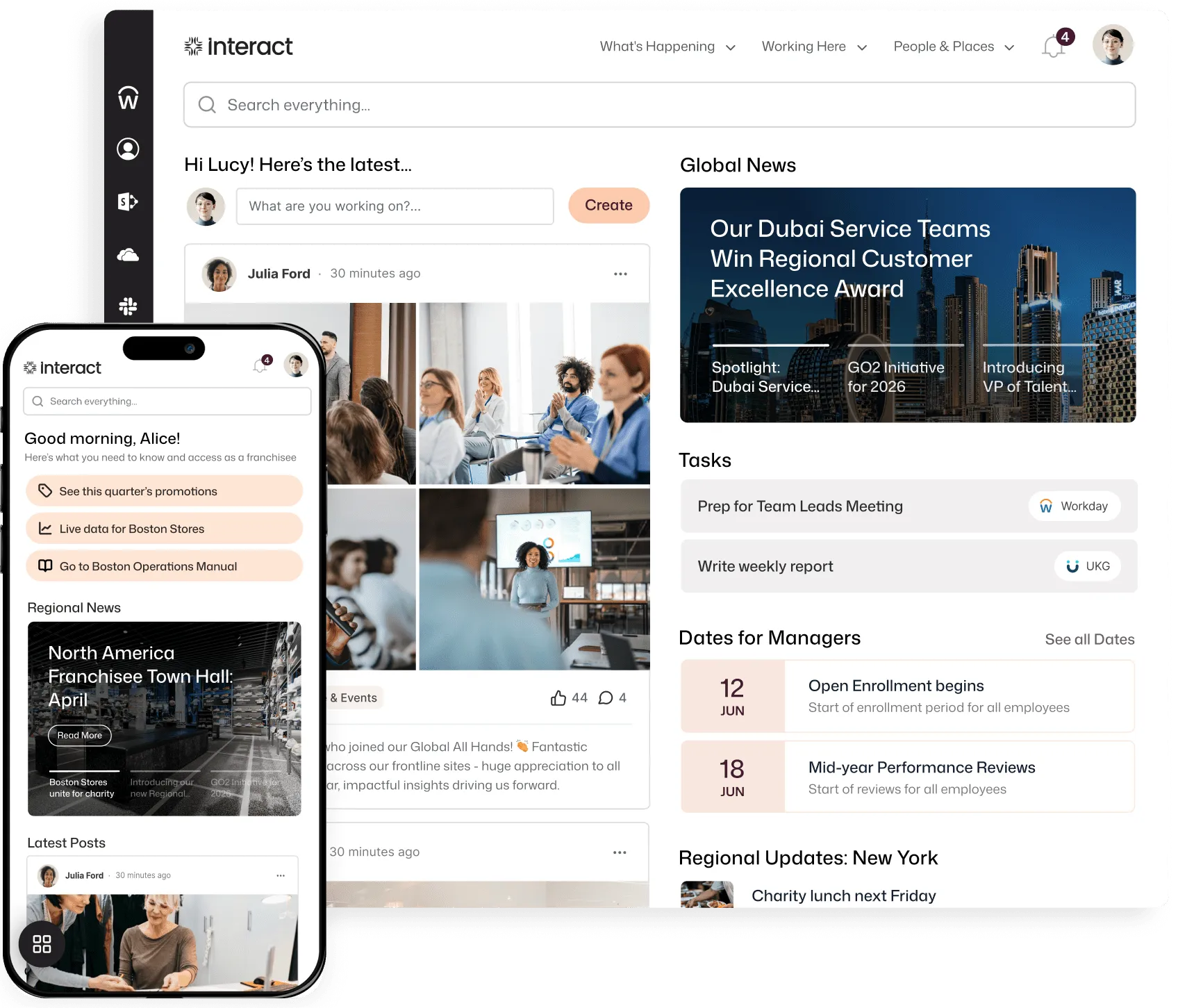 Request an intranet demo to see Interact's desktop and mobile home screens, featuring personalized feeds for Lucy and Alice, global news, manager tasks, and regional updates.