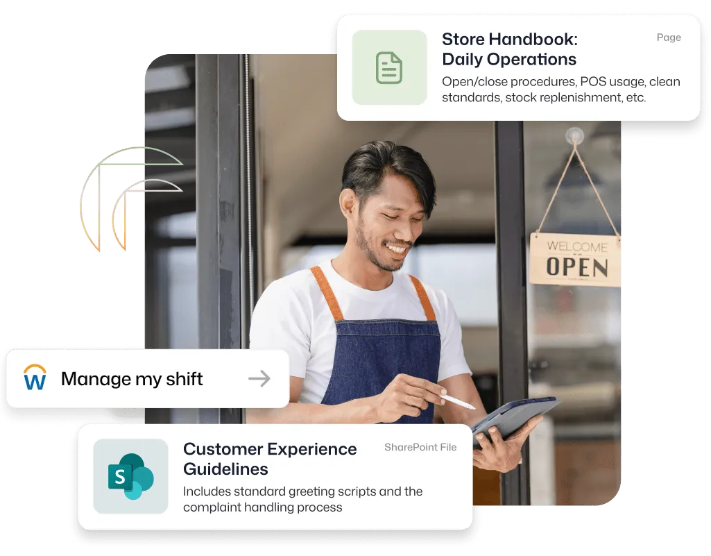 Personalized employee experience for a retail worker, showing a smiling store employee using a tablet with intranet overlays surfacing a Manage My Shift shortcut, a Store Handbook for Daily Operations, and a SharePoint-linked Customer Experience Guidelines document.