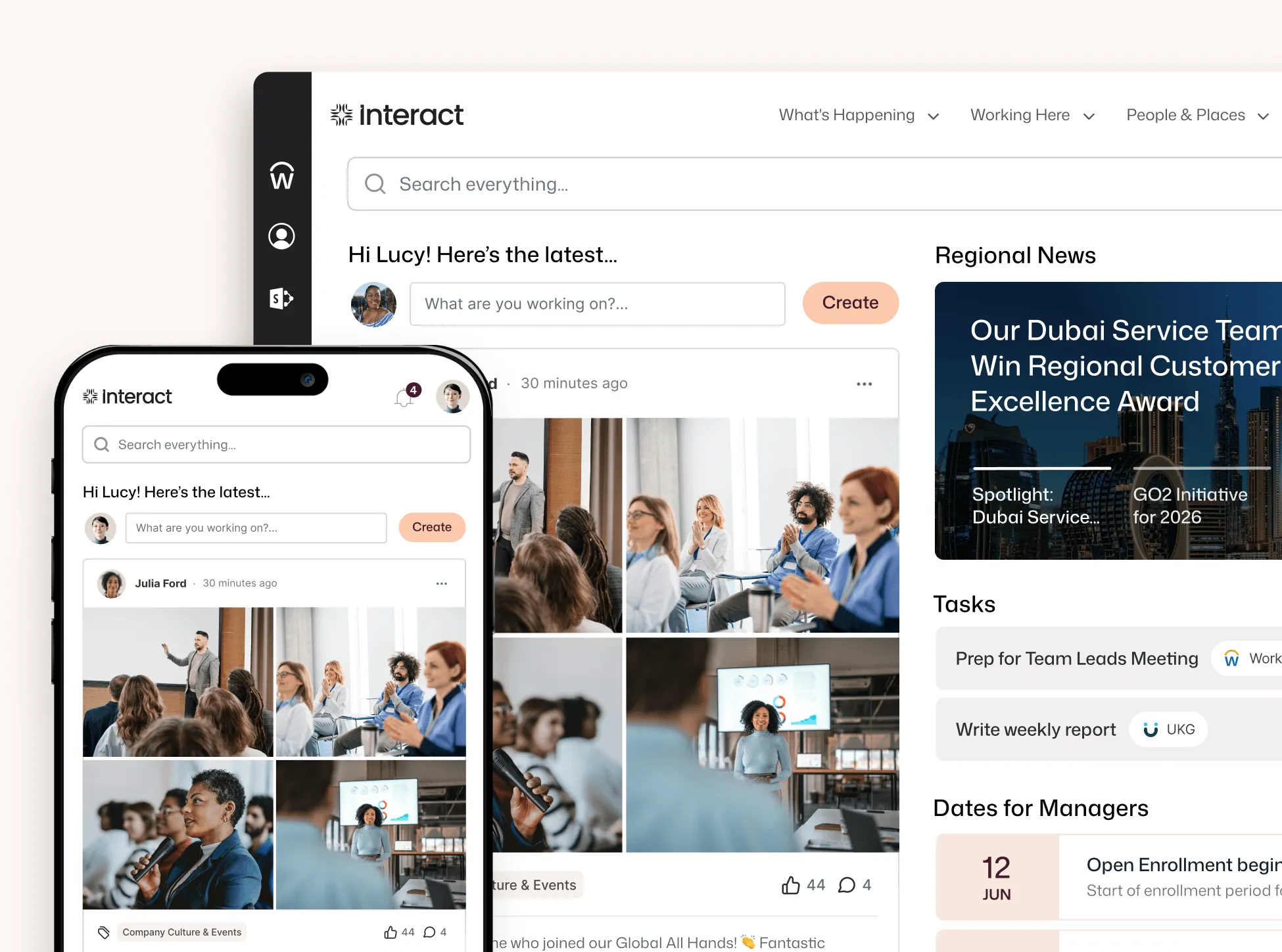Interact intranet software on desktop and mobile showing Lucy's personalized homepage with a Global All Hands post, regional news, and linked manager tasks.