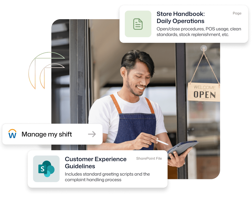 Personalized employee experience for a retail worker, showing a smiling store employee using a tablet with intranet overlays surfacing a Manage My Shift shortcut, a Store Handbook for Daily Operations, and a SharePoint-linked Customer Experience Guidelines document.