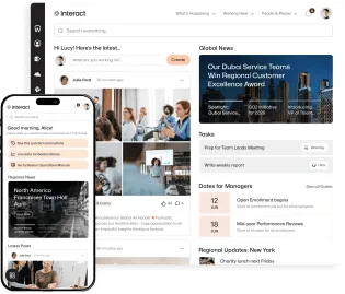 Desktop and mobile views of the Interact employee experience platform with news, tasks, and workplace updates.