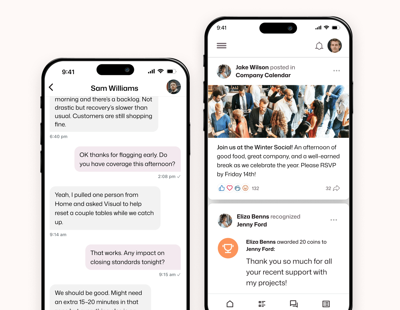 Two Interact mobile screens: a store staffing chat and a social feed showing a Winter Social post with 132 reactions and Eliza Benns recognizing Jenny Ford with 20 coins.