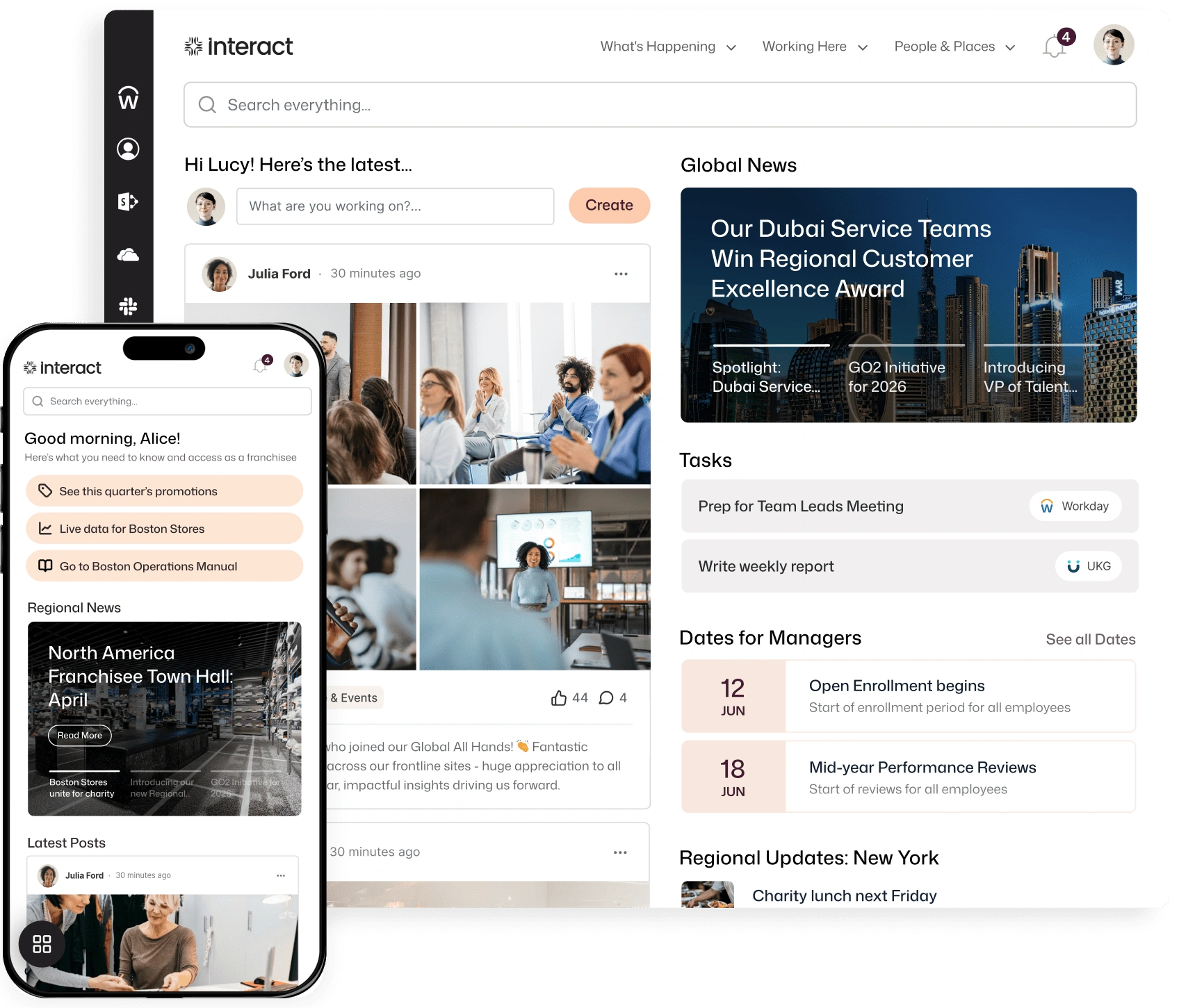 Request an intranet demo to see Interact's desktop and mobile home screens, featuring personalized feeds for Lucy and Alice, global news, manager tasks, and regional updates.