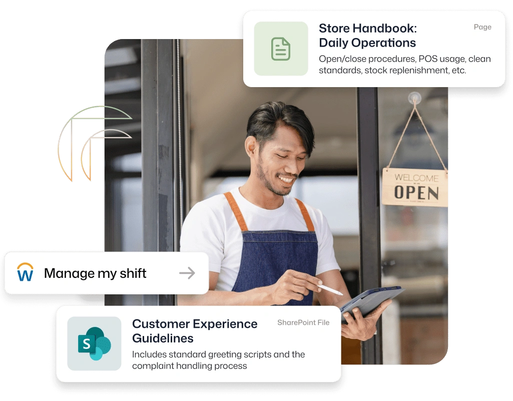 Personalized employee experience for a retail worker, showing a smiling store employee using a tablet with intranet overlays surfacing a Manage My Shift shortcut, a Store Handbook for Daily Operations, and a SharePoint-linked Customer Experience Guidelines document.