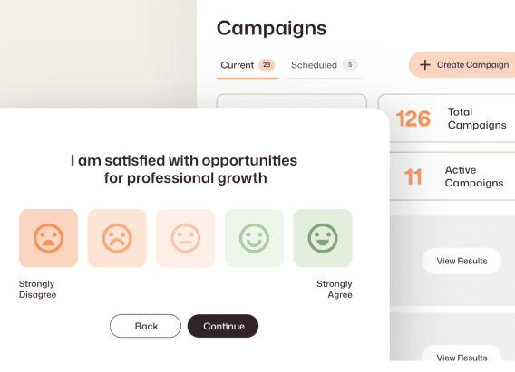 Employee engagement survey with a five-emoji satisfaction scale beside a Campaigns dashboard showing 126 total campaigns and 11 currently active.