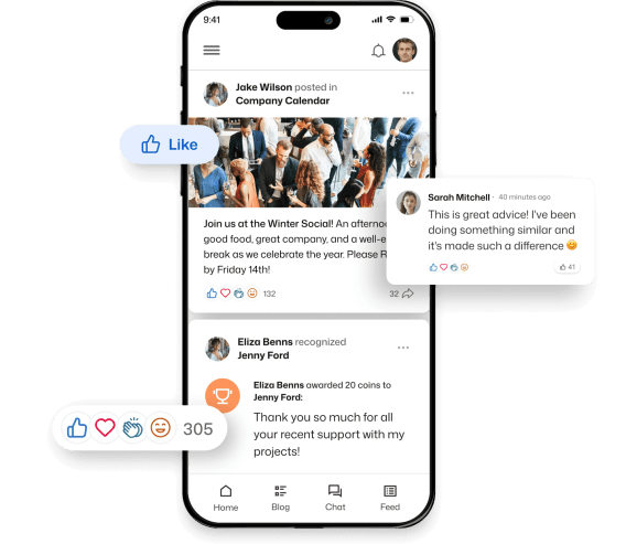 Mobile social feed with Jake Wilson's Winter Social post earning 132 reactions and Eliza Benns recognizing Jenny Ford with 20 coins and 305 total reactions.