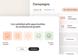 Employee engagement survey with a five-emoji satisfaction scale beside a Campaigns dashboard showing 126 total campaigns and 11 currently active.
