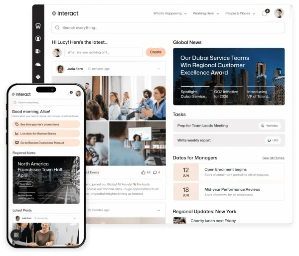A strong SharePoint alternative, Interact's homepage gives Lucy global news, Workday and UKG tasks, manager dates, and Alice a personalized franchisee view.