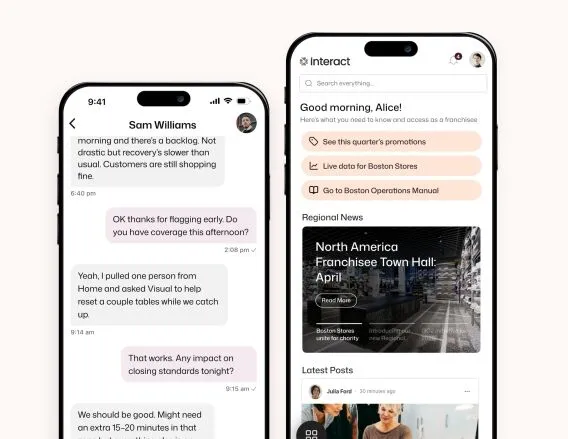 Two smartphones side by side: a Sam Williams manager chat on the left, and Alice's Interact franchisee home screen with Boston Store quick-access shortcuts on the right.