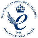 The King's Awards for Enterprise 2025 badge in the International Trade category, awarded to Interact in recognition of outstanding achievement in global business.