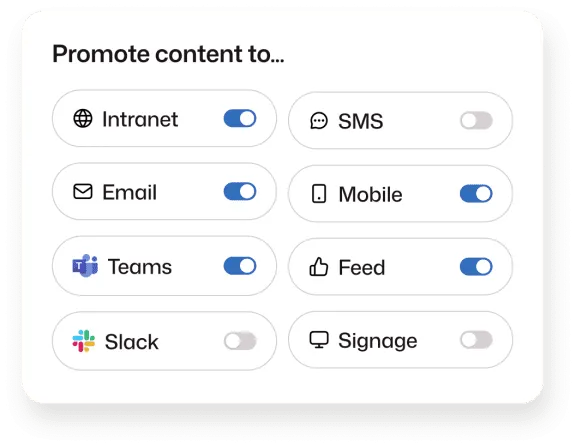 "Promote content to" panel with toggles showing Intranet, Email, Teams, Mobile, and Feed enabled, and SMS, Slack, and Signage turned off.
