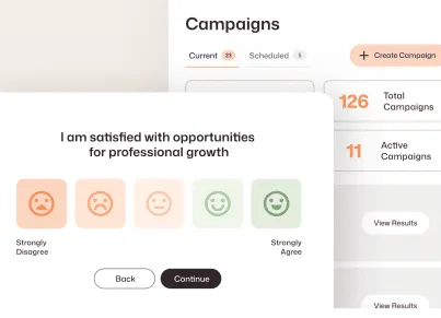 Employee engagement survey with a five-emoji satisfaction scale beside a Campaigns dashboard showing 126 total campaigns and 11 currently active.