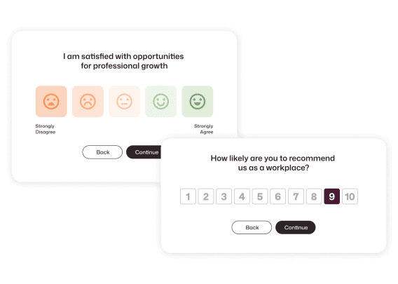 Two pulse survey question formats: a five-point emoji Likert scale on professional growth satisfaction and a 1–10 NPS scale with 9 selected.