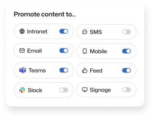 "Promote content to" panel with toggles showing Intranet, Email, Teams, Mobile, and Feed enabled, and SMS, Slack, and Signage turned off.