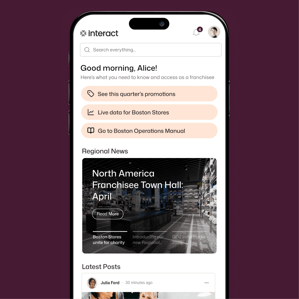 Interact franchisee mobile home for Alice with quick links to quarterly promotions, live Boston Stores data, the Operations Manual, and a North America Franchisee Town Hall news story.