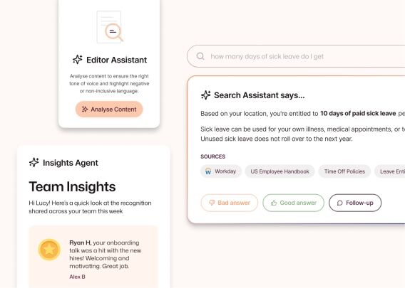 Interact AI tools: an Editor Assistant for tone and inclusion checks, a Search Assistant citing 10 paid sick days from Workday and the US Employee Handbook, and a team Insights Agent.