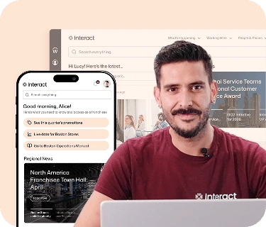 Man presenting an Interact product demo, with the platform displayed on desktop and mobile screens.