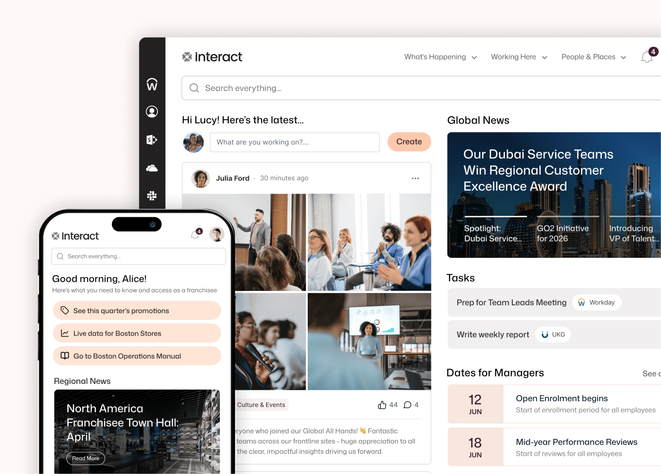 Interact employee communication platform showing Lucy's personalized news feed, integrated Workday and UKG tasks, and Alice's franchisee mobile home with Boston store quick links.