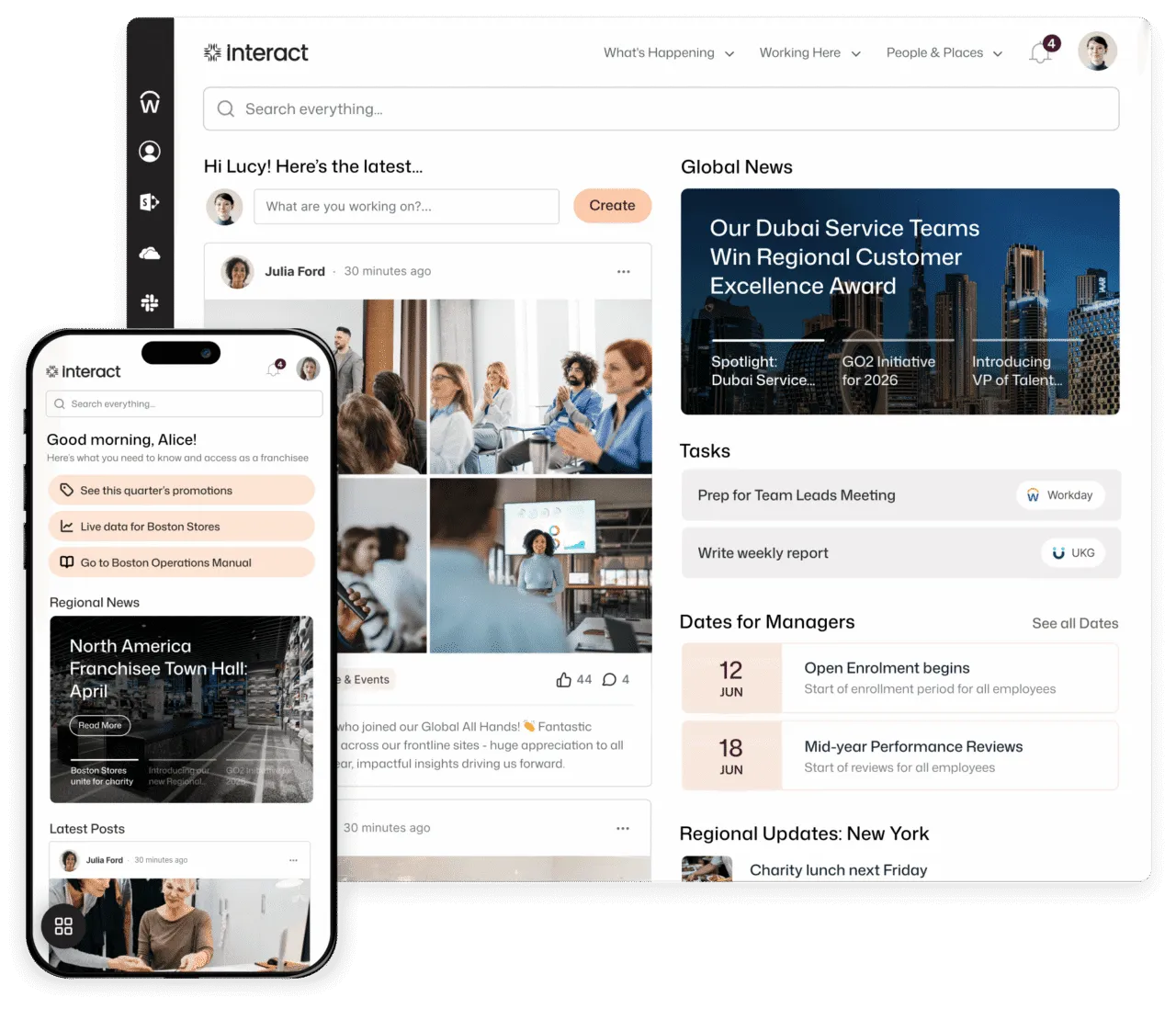 A strong SharePoint alternative, Interact's homepage gives Lucy global news, Workday and UKG tasks, manager dates, and Alice a personalized franchisee view.